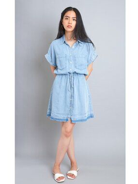 Light Denim Button-Down Distressed Shirt Dress With Drawstring Waist